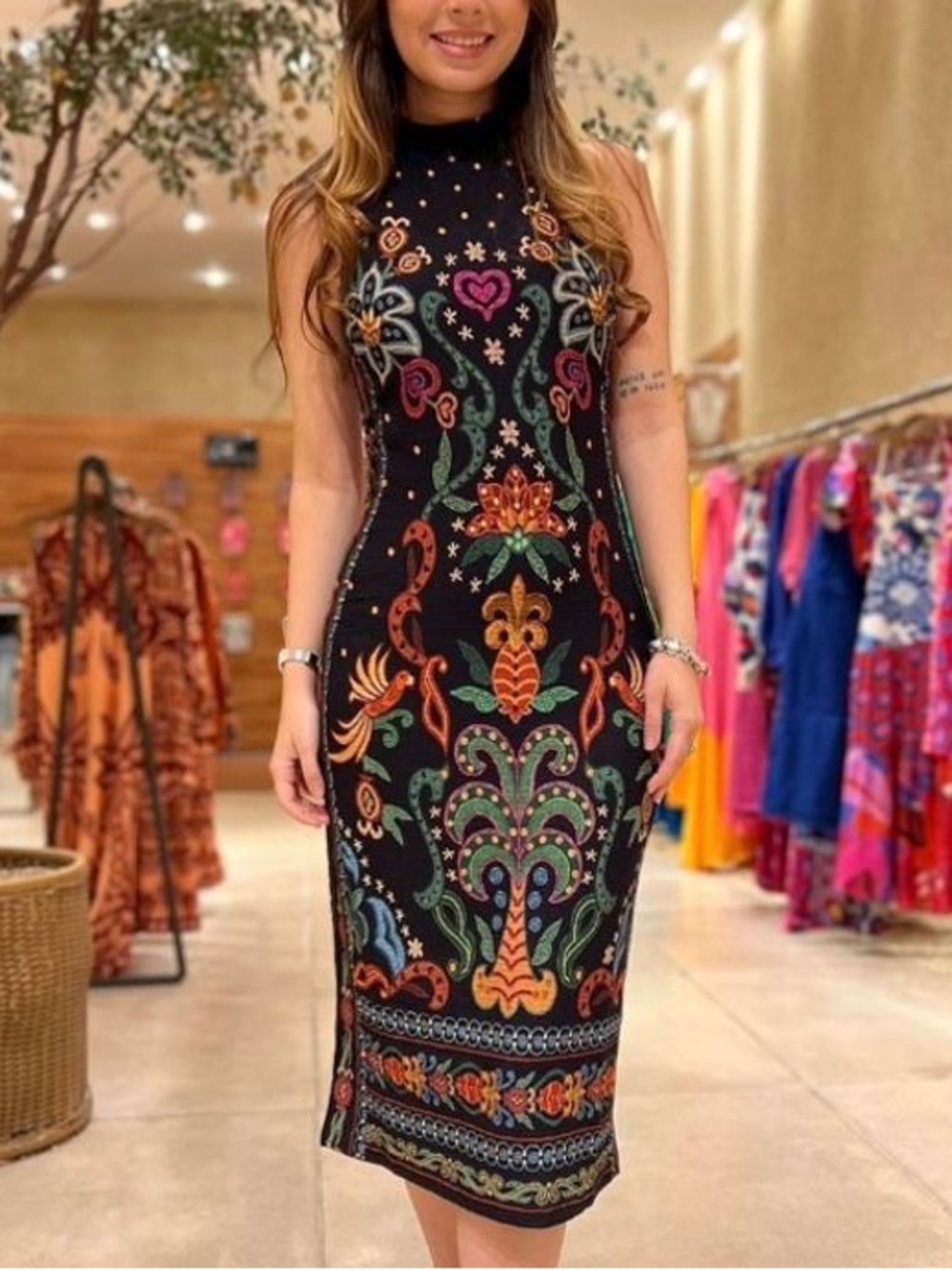 FARM Rio Black Midi Dress with Multicolor Floral Embroidery